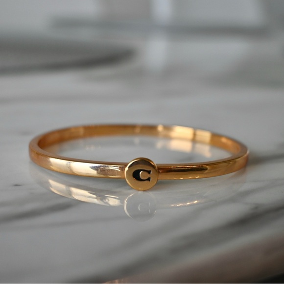 Coach Women’s Rose Gold Stainless Steel Bangle Bracelet with C Logo Plaque - Picture 2 of 5